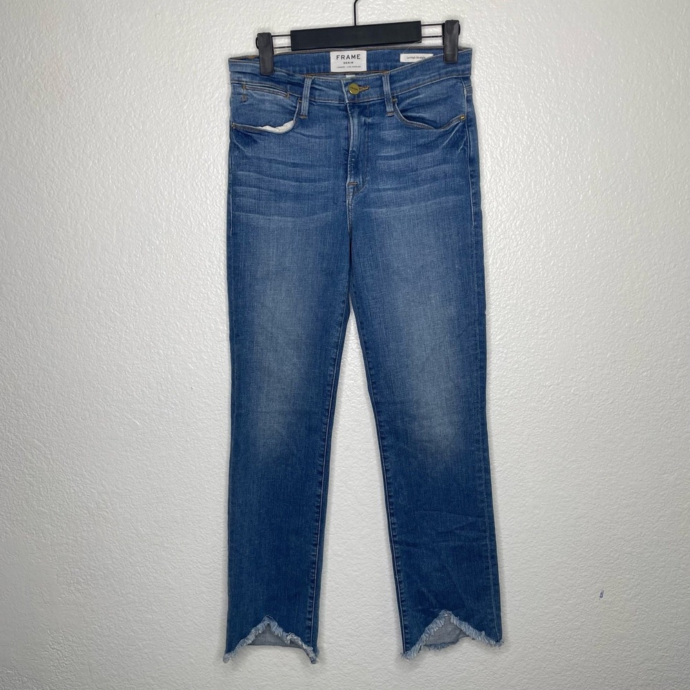FRAME Le High Straight Jeans Blue Distressed Tulip Hem Size 27 High Rise